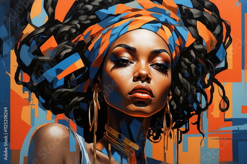 Colorful abstract artistic portrait painting of a black woman, african culture.