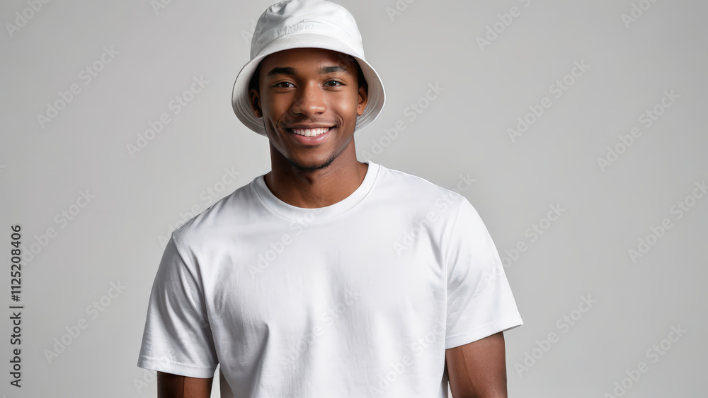 Young black man wearing white t-shirt and white bucket hat isolated on grey background Young black man wearing white t-shirt and white bucket hat isolated on grey background