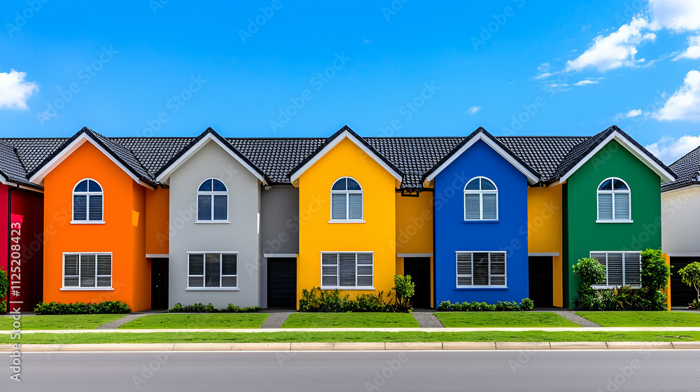 Vibrant row of colorful modern houses under a clear blue sky, showcasing a variety of architectural styles and bright exteriors. Vibrant row of colorful modern houses under a clear blue sky, showcasing a variety of architectural styles and bright exteriors.