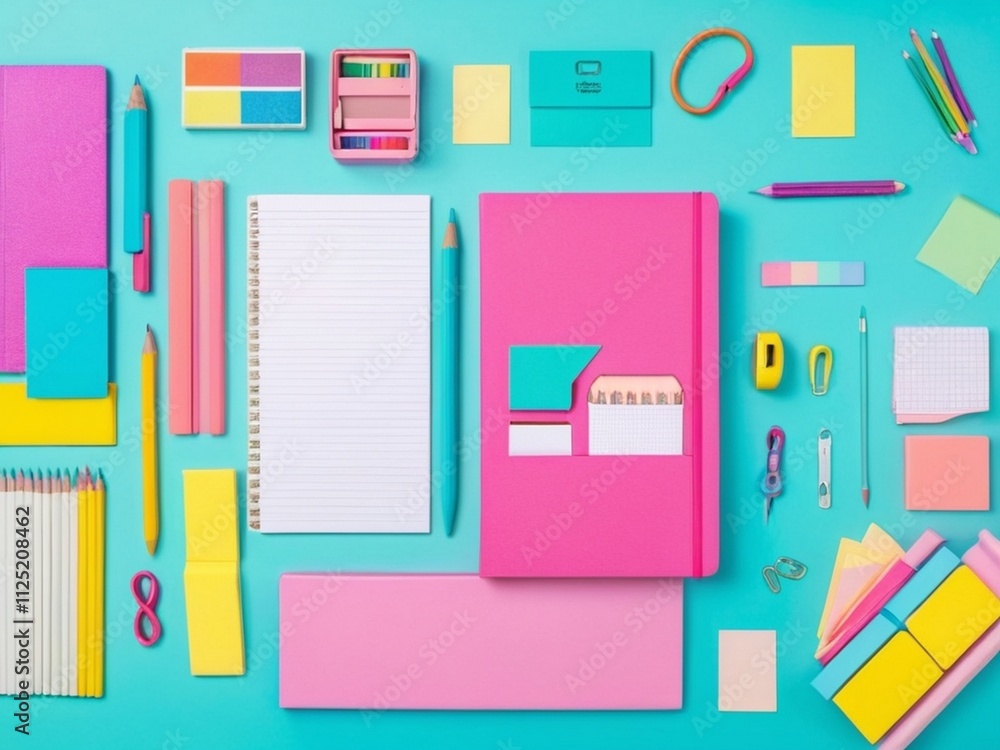 Ideas creativity thoughts with the flat lay of colorful stationery on a white background return to school modern mock up of business Ideas creativity thoughts with the flat lay of colorful stationery on a white background return to school modern mock up of business