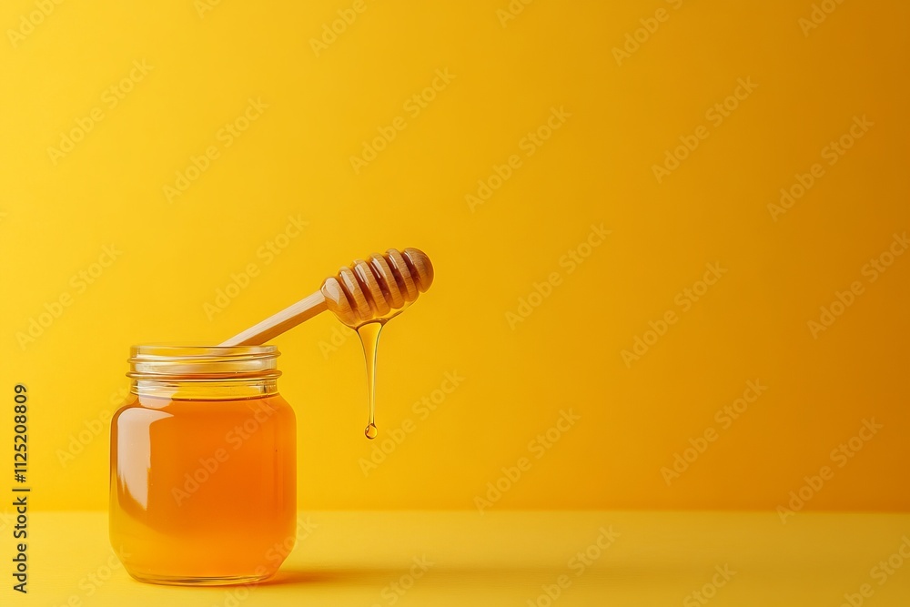 Syrup Dripping from Wooden Spoon into Honey Jar on Yellow Background. AI generated illustration