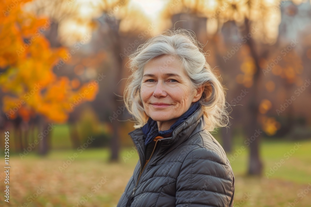 Portrait of a joyful caucasian woman in her 60s sporting a quilted insulated jacket over vibrant city park Portrait of a joyful caucasian woman in her 60s sporting a quilted insulated jacket over vibrant city park