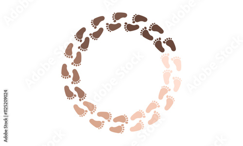 Human footprint mocha mousse colour. Baby feet circle stamp. Cute kid foot round pattern. Color swatch silhouettes isolated on white background. Vector illustration