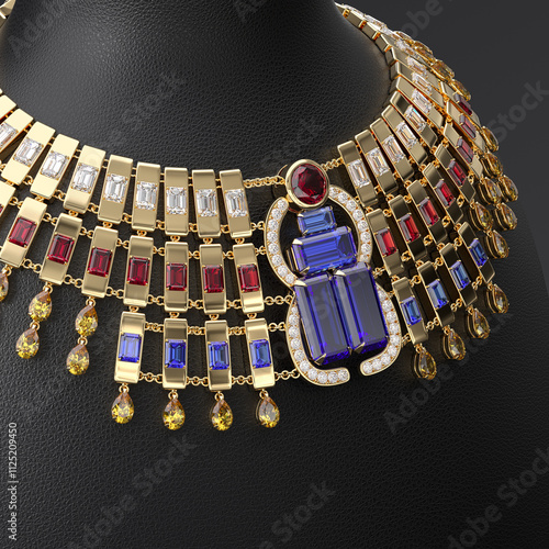 Luxurious necklace of diamonds, sapphires and rubies on the leather stand in the form of the bust. Plastron in Egyptian style. Jewelry showcase. Close-up. 3d rendering.