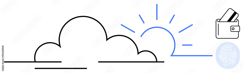 Cloud outline with rising sun rays, wallet holding cards, and fingerprint icon. Ideal for finance, security, morning productivity, banking, digital identity, online transactions data protection Cloud outline with rising sun rays, wallet holding cards, and fingerprint icon. Ideal for finance, security, morning productivity, banking, digital identity, online transactions data protection