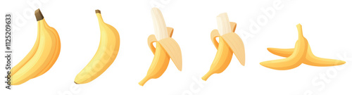 Banana eating. Full cutting bananas step by step eat process. Snack eat time, healthy diet carb dessert. Exotic tropical organic fruit, nowaday vector set