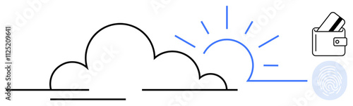 Cloud outline with rising sun rays, wallet holding cards, and fingerprint icon. Ideal for finance, security, morning productivity, banking, digital identity, online transactions data protection