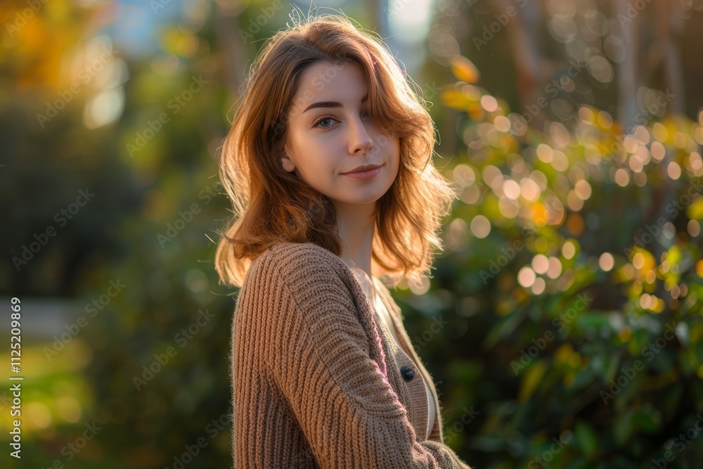 Portrait of a tender caucasian woman in her 20s wearing a chic cardigan isolated in vibrant city park Portrait of a tender caucasian woman in her 20s wearing a chic cardigan isolated in vibrant city park