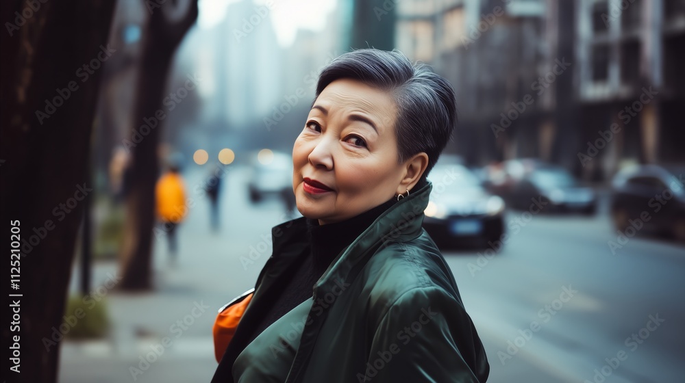 Woman wearing a green jacket and black coat Woman wearing a green jacket and black coat