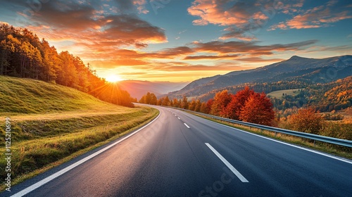 Black Asphalt Road Landscape at Sunset in Vibrant Nature Scene