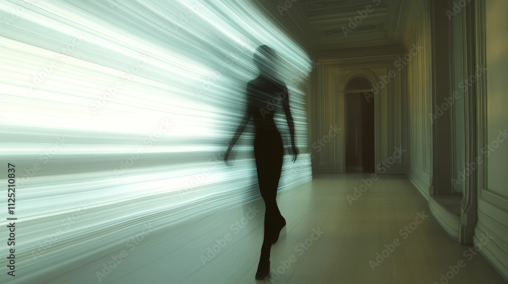Blurred figure walks hallway, light streaks. Blurred figure walks hallway, light streaks.