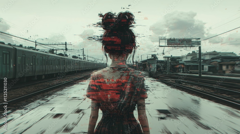Fototapeta premium Distorted woman stands, train tracks background.