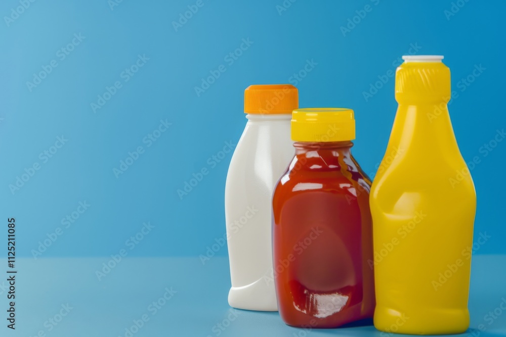 Various plastic bottles of ketchup mustard and mayo shine in bright light against a vibrant blue backdrop. Their vibrant colors invite thoughts of barbecues and delicious meals. Various plastic bottles of ketchup mustard and mayo shine in bright light against a vibrant blue backdrop. Their vibrant colors invite thoughts of barbecues and delicious meals.
