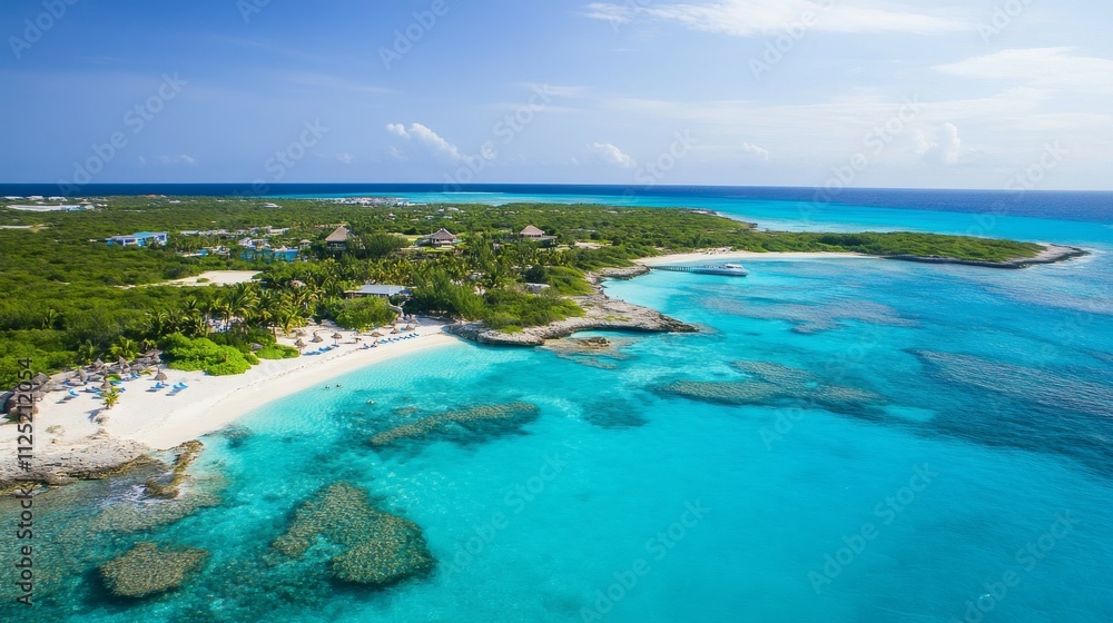 Obraz premium Serene Tropical Beach Paradise White Sand, Turquoise Waters, Palm Trees, Resort Vibes - Aerial Coastal View with Vibrant Colors and Relaxing Atmosphere