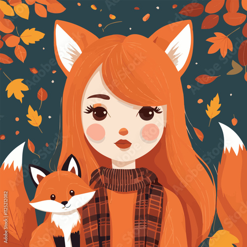 Cute vector illustration of a girl and animals in the forest listening to music. Vintage cute baby fox wolf girl smiles happy, romantic flower garden in winter forest jungle autumn background.