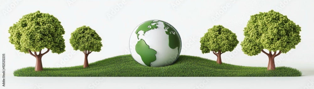 Peaceful Eco-Friendly Earth Globe on Stylized Grass Hill in 3D - Environmental Harmony and Sustainability Concept Peaceful Eco-Friendly Earth Globe on Stylized Grass Hill in 3D - Environmental Harmony and Sustainability Concept