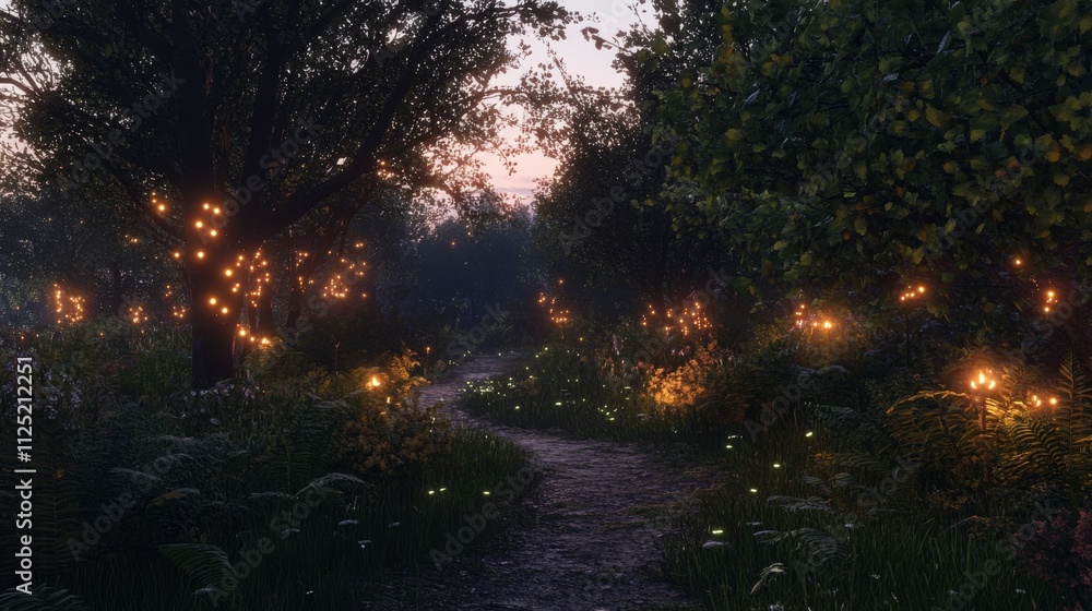 Mystical Path through Enchanted Forest at Twilight Magical Fantasy Landscape with Illuminated Winding Trail, Dark Green Foliage, and Serene Atmosphere Mystical Path through Enchanted Forest at Twilight Magical Fantasy Landscape with Illuminated Winding Trail, Dark Green Foliage, and Serene Atmosphere
