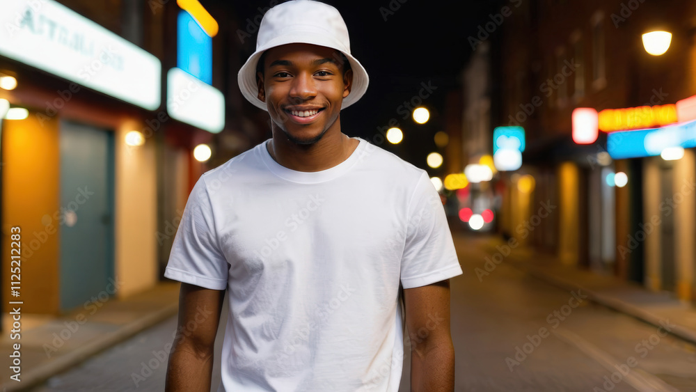 Young black man wearing white t-shirt and white bucket hat standing in a city alley at night Young black man wearing white t-shirt and white bucket hat standing in a city alley at night
