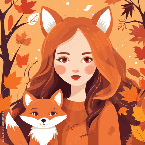 Cute vector illustration of a girl and animals in the forest listening to music. Vintage cute baby fox wolf girl smiles happy, romantic flower garden in winter forest jungle autumn background.	