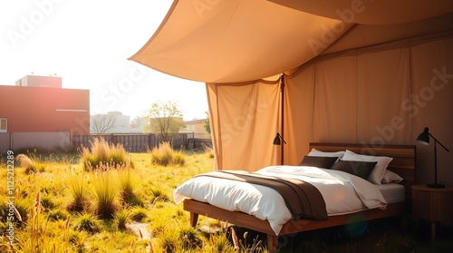 minimalist open air bedroom setup in meadow, surrounded by nature,  photo