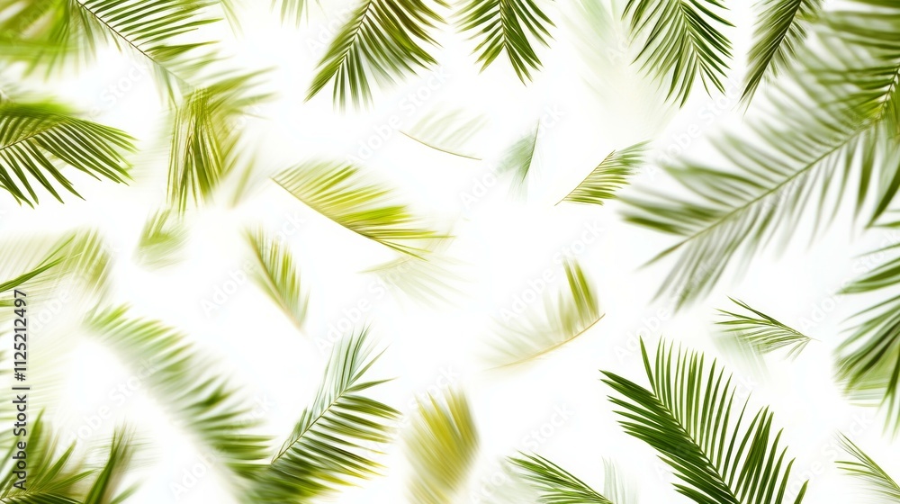Lush Green Palm Fronds Dance in Abstract Motion on White Background - Tropical Botanical Bliss, Vibrant and Serene Illustration for Design Projects Lush Green Palm Fronds Dance in Abstract Motion on White Background - Tropical Botanical Bliss, Vibrant and Serene Illustration for Design Projects