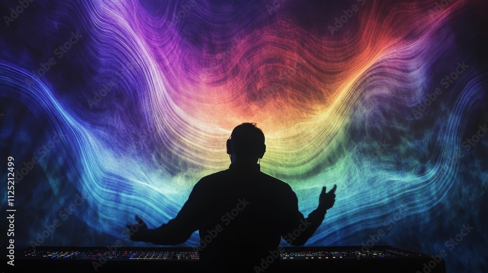 Silhouetted DJ mixes, vibrant wavy backdrop. Silhouetted DJ mixes, vibrant wavy backdrop.