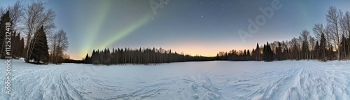 Majestic Northern Lights Over Snow-Covered Expanse with Dark Trees - Serene Winter Landscape Photography