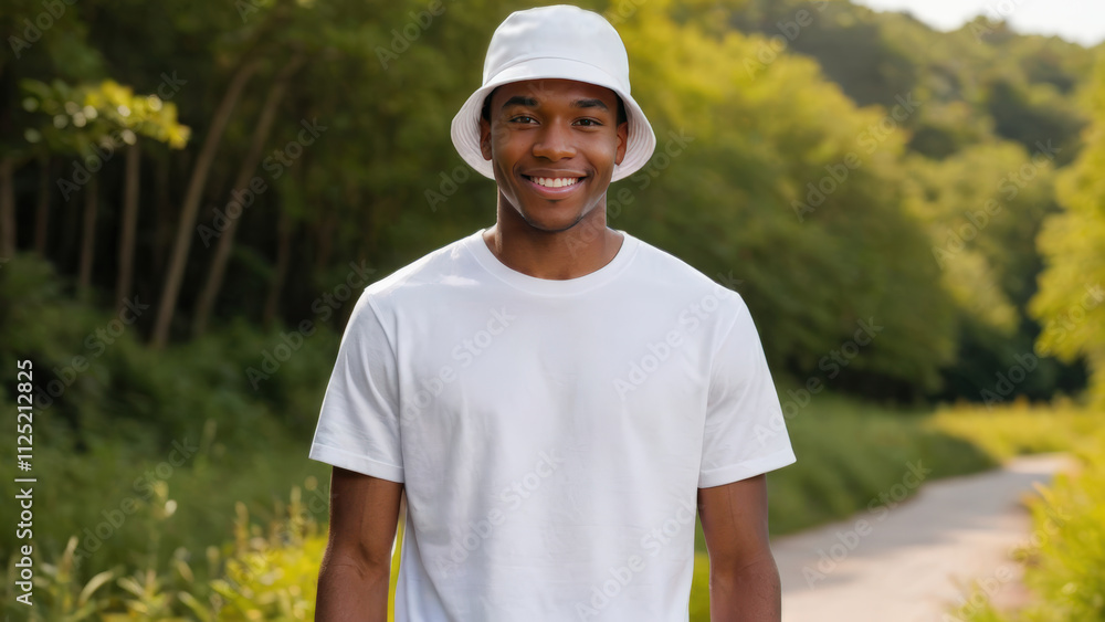 Young black man wearing white t-shirt and white bucket hat standing in nature Young black man wearing white t-shirt and white bucket hat standing in nature