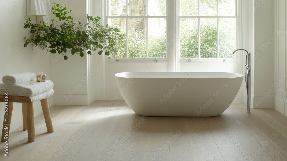 Serene Luxury Bathroom with Freestanding Bathtub, Grey Wood Flooring, and Vibrant Green Plants under Warm Ambient Lighting Serene Luxury Bathroom with Freestanding Bathtub, Grey Wood Flooring, and Vibrant Green Plants under Warm Ambient Lighting