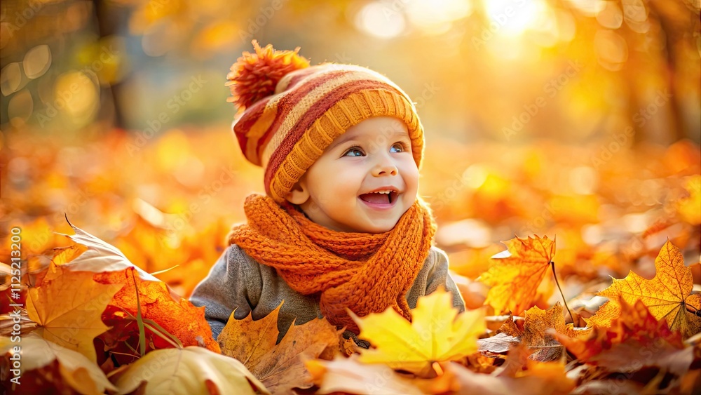 Adorable child in an orange hat and scarf, surrounded by autumn leaves. A perfect fall portrait. Adorable child in an orange hat and scarf, surrounded by autumn leaves. A perfect fall portrait.