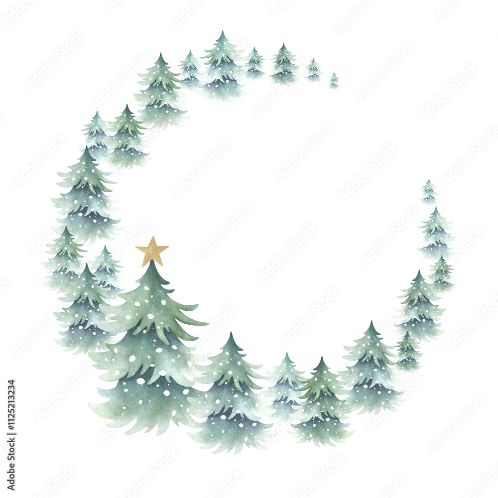 Fototapeta premium Christmas spruces snow-covered with golden star. Hand drawn watercolor fir trees illustration, round wreath, greeting card template isolated from background with copy space for text for New year.
