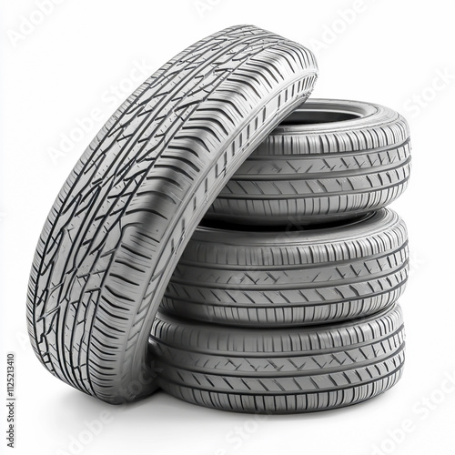 Stack of four black tires Isolated on white background showcasing tire tread design