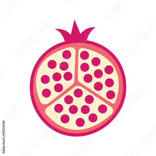 Pomegranate fruit with seeds. Colored exotic pomegranate half cutted fruit. Vector illustration isolated in white background	