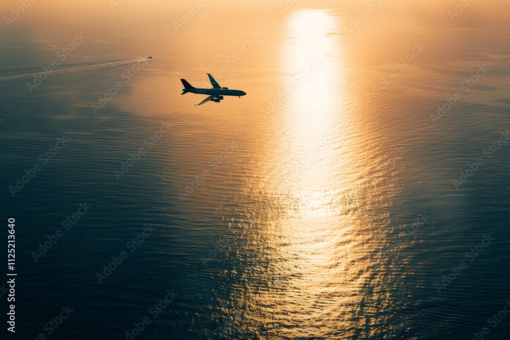 Fototapeta premium Soaring high above a breathtaking tropical sea the airplane captures the warm glow of sunset reflecting golden hues off tranquil waters and creating a serene moment in time.