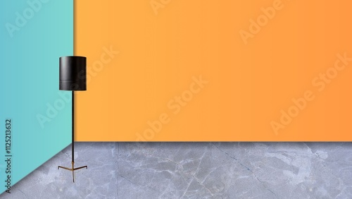 Orange And Blue Minimalist Interior with Floor Lamp and Empty Walls