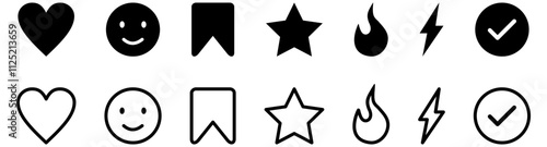Add to favorite icons set. Like and love icon. Thumbs up and heart flat icon. Check mark box icon. Rating star icon. Flash lightning bolt icon. Bookmark save icon. Vector elements. Editable stroke.