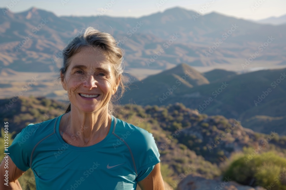 Portrait of a smiling woman in her 50s wearing a moisture-wicking running shirt isolated on panoramic mountain vista Portrait of a smiling woman in her 50s wearing a moisture-wicking running shirt isolated on panoramic mountain vista