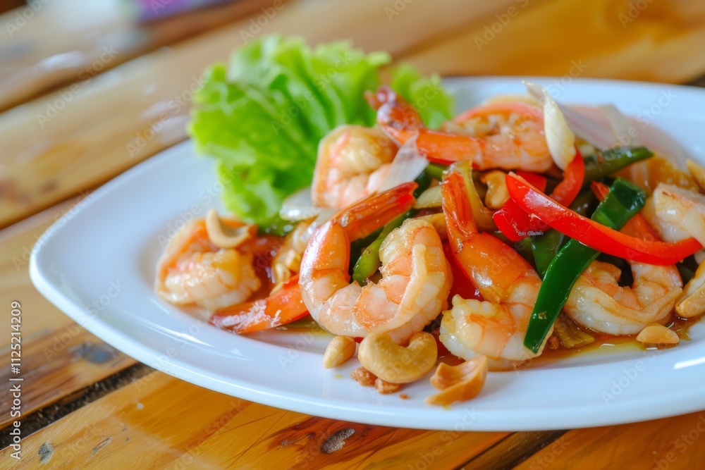 Delight in a mouthwatering dish of stir fried crispy shrimp tossed with crunchy cashew nuts and colorful sweet peppers beautifully presented on a pristine white plate. Delight in a mouthwatering dish of stir fried crispy shrimp tossed with crunchy cashew nuts and colorful sweet peppers beautifully presented on a pristine white plate.