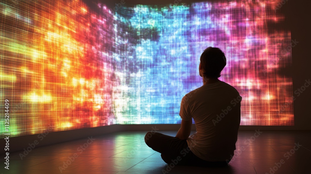 Person meditates before vibrant, gridded light display. Person meditates before vibrant, gridded light display.