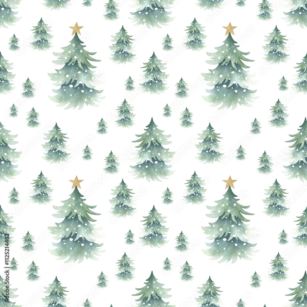 Christmas trees snow-covered with festive golden star decoration on top, forest winter landscape. Hand drawn watercolor isolated seamless pattern for New Year festive packaging paper, wallpaper. Christmas trees snow-covered with festive golden star decoration on top, forest winter landscape. Hand drawn watercolor isolated seamless pattern for New Year festive packaging paper, wallpaper.