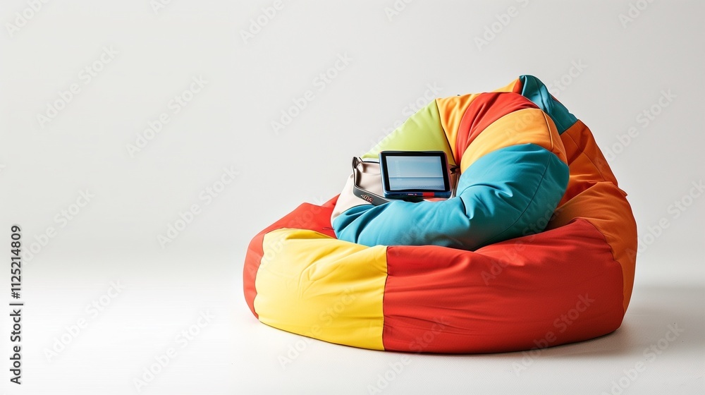 A colorful bean bag with a high-tech gadget resting on it, against a clean white background, showcasing the comfort of modern living and technology. A colorful bean bag with a high-tech gadget resting on it, against a clean white background, showcasing the comfort of modern living and technology.