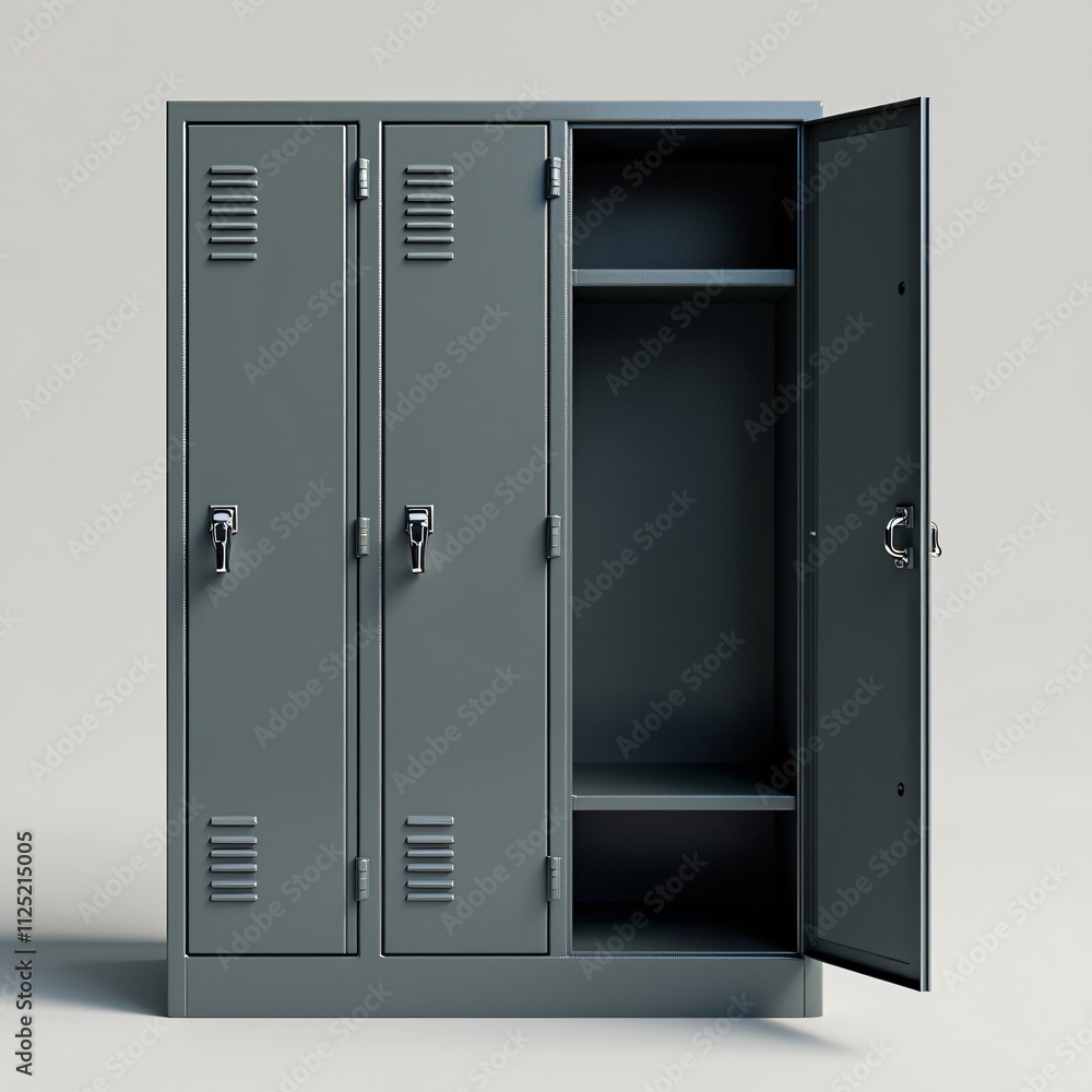 Gym locker, Open door locker, Metal sports locker, vintage, front view Gym locker, Open door locker, Metal sports locker, vintage, front view