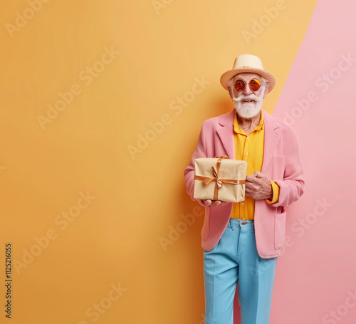 Handsome fashionable older man holding xmas present ih hands. Pastel colors.