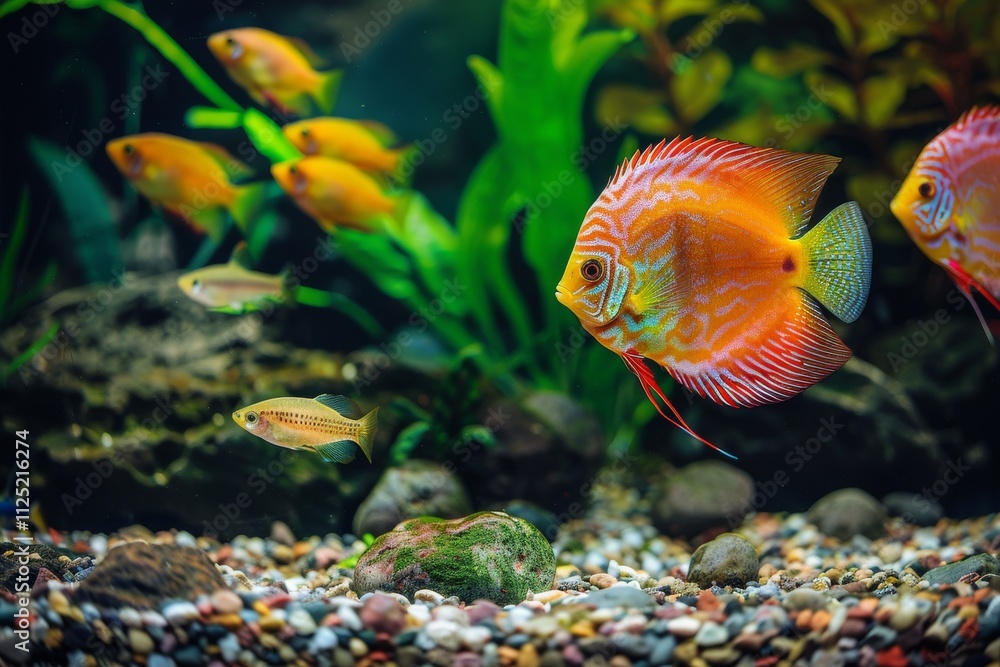 Vibrant fish swimming in a decorative aquarium tank Vibrant fish swimming in a decorative aquarium tank