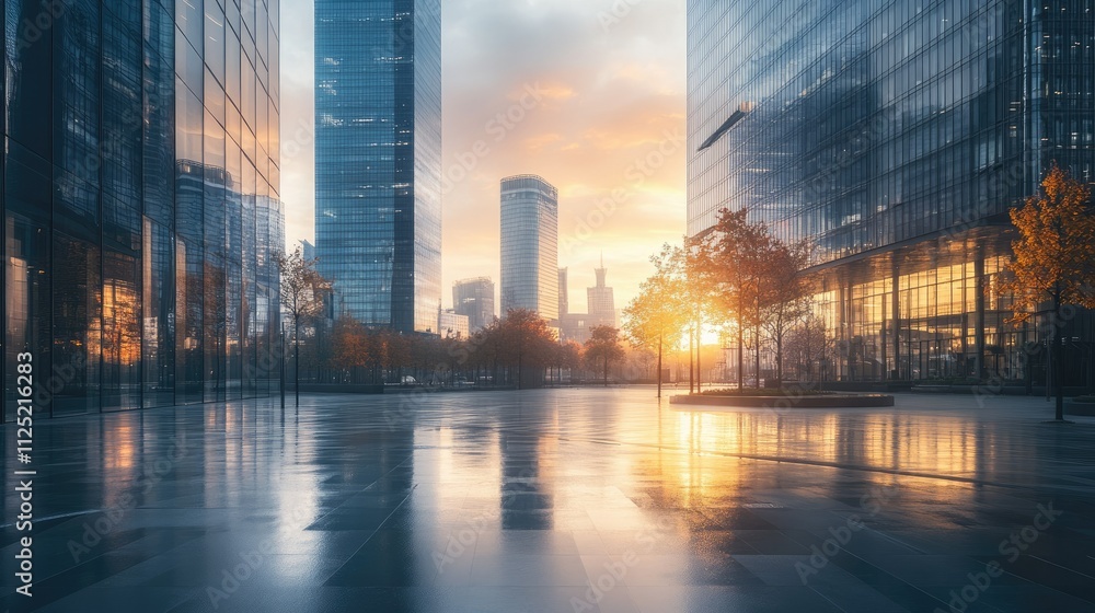 A city square at dawn with the first light reflecting off the modern office buildings nearby A city square at dawn with the first light reflecting off the modern office buildings nearby