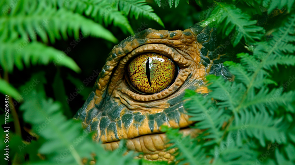 Ojo de dinosaurio entre helechos en la selva Ojo de dinosaurio entre helechos en la selva