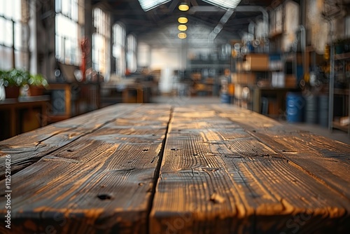 Wallpaper Mural Close-up of a vacant wooden table against a blurry backdrop of an industrial workshop or factory. Generative Ai Torontodigital.ca