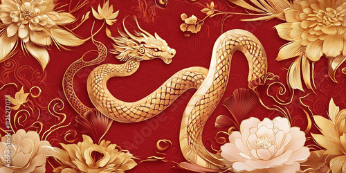 Luxurious Chinese New Year banner 2025 featuring Zodiac Snake gold and red, traditional red lanterns,golden coins, firecrackers,intricate floral designs. Celebratory, elegant,culturally symbolic.