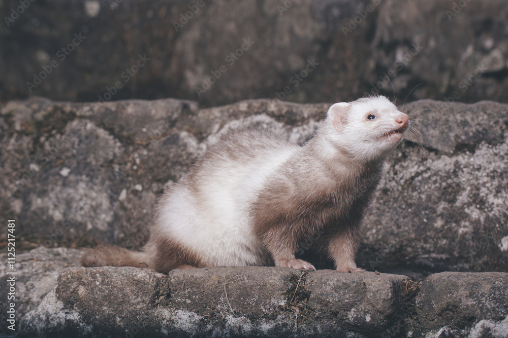 Champagne ferret posing for portrait on old outdoor stone stairs Champagne ferret posing for portrait on old outdoor stone stairs