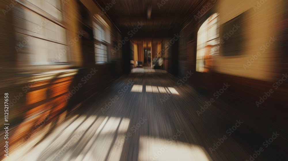 Long corridor, wooden walls, sunlight streaks, blurred motion. Long corridor, wooden walls, sunlight streaks, blurred motion.